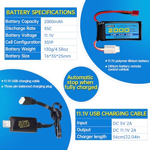 3S Lipo Battery 11.1V 2000mAh 35C with T-Plug and USB Charging Cable for RC Cars,Trucks,RC Ships,RC Drones,Quadcopters,FPV UAV Batteries (1PCS Battery+1 USB)