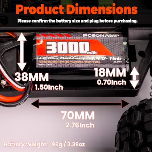2S 7.4V 3000mAh 15C Rechargeable Li-ion Battery, T-Plug | Fits 1/12 1/16 1/18 4WD RC Car (70x38x18mm). 2 charge cables. Lightweight Li-ion, 40+ min runtime. UN38.3 & UL2054 certified.