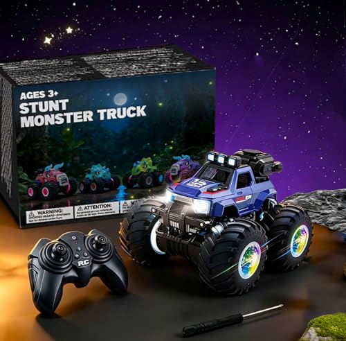 BEZGAR Remote Control Mosnter Truck, RC Cars with Mist Spray, Two Batteries | RC Truck with Music & LED Light, 360° Stunt Spins Monster Truck Toys for Boys 4-7, 40+ Mins Battery Life