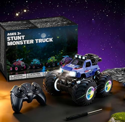 BEZGAR Remote Control Mosnter Truck, RC Cars with Mist Spray, Two Batteries | RC Truck with Music & LED Light, 360° Stunt Spins Monster Truck Toys for Boys 4-7, 40+ Mins Battery Life