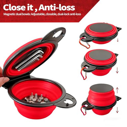 Magnetic Trays, Magnetic Bowl for Screws, Magnetic Tool Tray (red2.0) | Collapsible Magnetic Tool Tray, Integrated 5.1" Round Dual Silicone Bowls, Upgraded Version, Bonus Hook for On-the-Go Carry - style: red2.0
