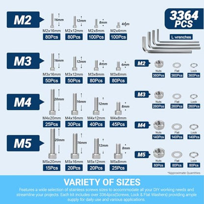 3364Pcs Machine Screw Assortment Kit, M2 M3 M4 M5 Metric Bolts and Nuts Kit with Lock Washers & Flat Washers, 304 Stainless Steel Hex Socket Head Cap Screws Set with Allen Wrench - color: 3360 M2 M3 M4 M5 C