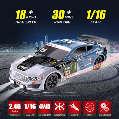 RC Drift Car, Drifting RC Car 2.4GHz 1:16 Remote Control Cars 4WD High Speed Racing Vehicle with LED Lights Two Batteries and Drifting Tires Racing Sport Toy Cars for Adults Boys Girls Kids - color: Black+wh