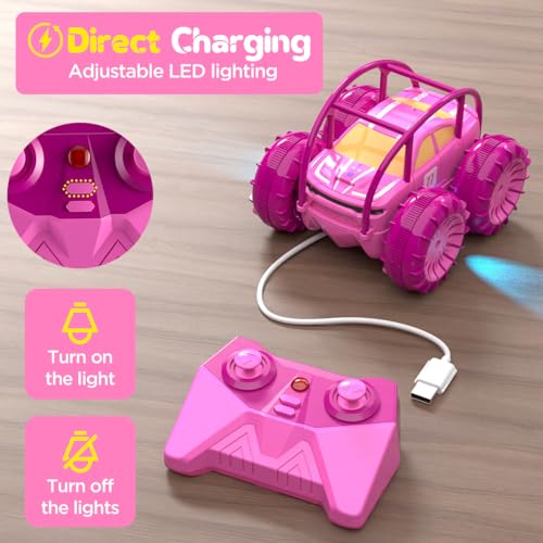 Remote Control Car, Fast Direct Charging RC Cars Amphibious 360° Rotating LED Rechargeable Stunt Car 2.4Ghz 4WD All Terrain RC Race Cars Toy Christmas Birthday Gift for Kids Boys Girls Aged 3-12 years - color: Pink