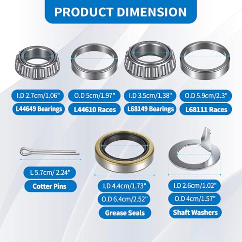 2 Pack Trailer Bearings Kit, High Speed and Rotary Quiet, L68149 L44649 Trailer Axle Bearings Kit, Fits for 1-3/8'' to 1-1/16'' 3500 Lbs Trailer Axle 1.719'' Grease Seal 10-19#84 Spindle