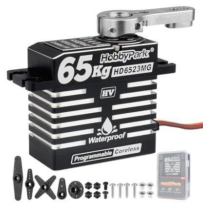 HobbyPark Waterproof 65kg High Torque Fast Speed RC Steering Servo Coreless Motor Standard Size HV 8.4V Metal Gears for 1/8 1/10 RC Crawler Car Truck Buggy Basher Bashing 180° All Aluminum Case