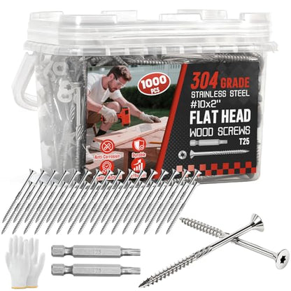 #10x2 Inch 304 Stainless Steel Deck Screws 1000 PCS - Corrosion-Resistant Outdoor Wood Fasteners for Fences, Decks, Wood Project - T25 Star Drive Bit - size: #10 x 2" 1000Pcs