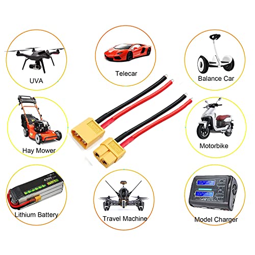 XT30 Pigtail,XT30 Male and Female Plug,XT30 Connector Adapter | with 10cm 16AWG Silicone Wire for RC Lipo Battery FPV Racing Drone, 5 Pairs - size: XT30