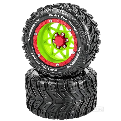 RC Truck Wheel and Tires for 1/16 Summit E-REVO Gorgon GROM MINI KRATON M-J-X H-B-X S-C-Y RC Car,Monster Truck Car Wheel Tires w/Plastic Wheels Rim,Soft Tire Highway Wheels (4PCS),Green Red - color: Green-red(rc Wheels Tires)