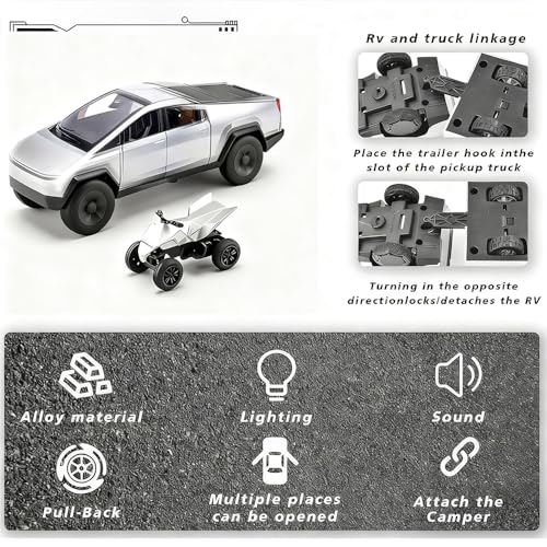 Cyber Style Truck Alloy Diecast Toys with Metal Trailer and Motorcycle Pull Back Pickup Model with Sound and Light Effect Race Car for Kid Adult Age for 3 Year Old and Up - color: Silver With Trailer