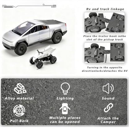 Cyber Style Truck Alloy Diecast Toys with Metal Trailer and Motorcycle Pull Back Pickup Model with Sound and Light Effect Race Car for Kid Adult Age for 3 Year Old and Up - color: Silver With Trailer