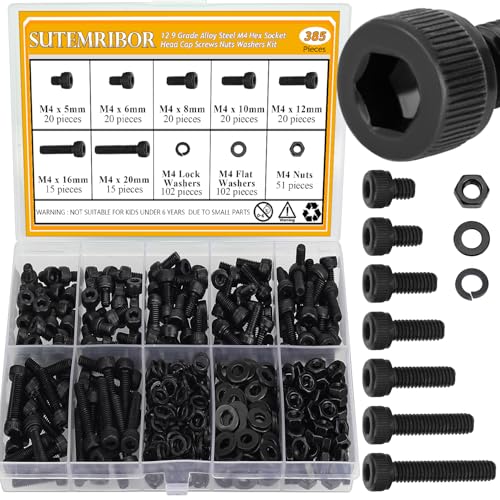 385 Pieces M4 Screws Nuts Washers Set Black, Sutemribor M4 x 5/6/8/10/12/16/20mm Hex Socket Head Cap Screws Nuts Washers Assortment Kit, 12.9 Grade Alloy Steel, Fully Threaded - size: M4, style: Socket Head