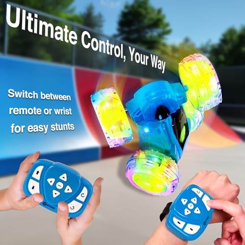 Contixo SC3 RC Stunt Car, Blue 2.4GHz 4WD Double-Sided 360° Rotating flip Racer Remote Control Toy Cars with LED Lights for Kids Girls Boys Age 4-12 Birthday Gift - color: Blue