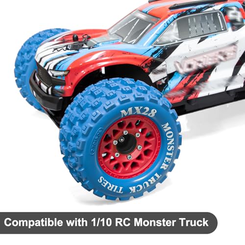 LRFHL MX28 F/R 2.8" RC Monster Truck Tires and Wheels 4PCS, Blue | 12mm/14mm Hex Adapter, 1/10 RC Monster Truck, Compatible with Traxxas Stampede Rustler Redcat Arrma Vorteks Big Rock Granite - color: Blue Tires+ Red Wheel-8