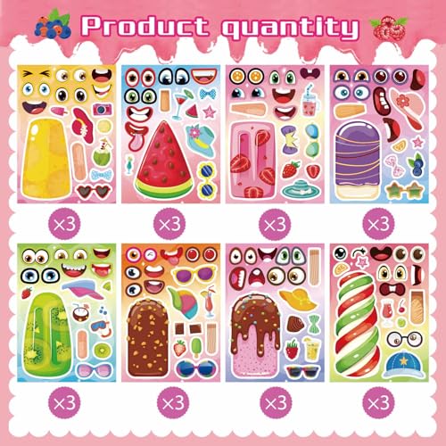 Make Your Own Ice Cream Stickers, Make a Face Sticker | 24 Sheets Mix and Match Watermelon, Chocolate, Kiwi, Strawberry Ice Cream Stickers for Kids Activities Supplies Crafts - style: Ice Cream