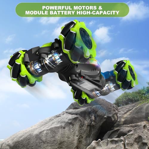Gesture RC Car Green, 1:24 4WD Transform Off-Road Stunt Car with Gesture & Remote Control, 360° Flips Drift Vehicle with LED Lights Music, All Terrain Toy Cars Gifts for Boys Girls Age 6-12 - style: 1:24 Green