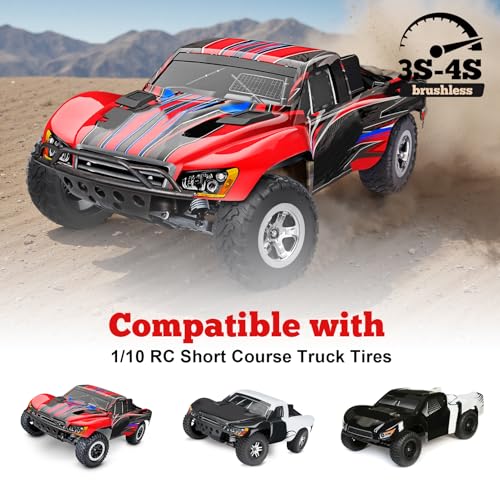 HobbyPark Pre-Glued 1/10 RC Short Course Truck Tires and Wheels Chrome for Traxxas Slash 2wd 4x4 Vxl BL-2S Redcat Blackout SC Pro TR10 Losi 22S SCT 3S 4S Lipo Brushless, 4Pcs
