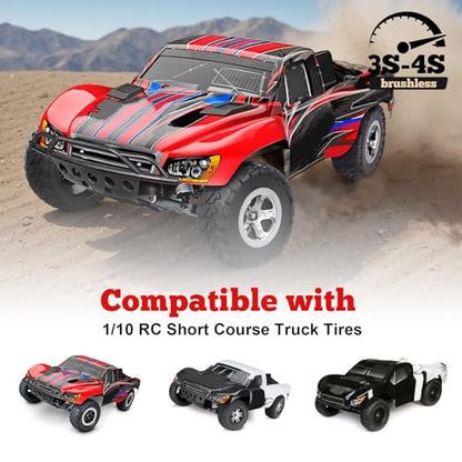 HobbyPark Pre-Glued 1/10 RC Short Course Truck Tires and Wheels Chrome for Traxxas Slash 2wd 4x4 Vxl BL-2S Redcat Blackout SC Pro TR10 Losi 22S SCT 3S 4S Lipo Brushless, 4Pcs