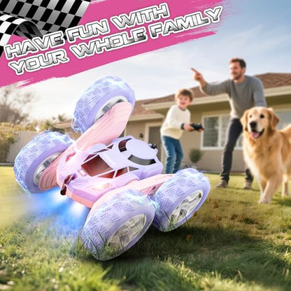 cosone Pink Purple RC Stunt Car for Kids | 360° Rotating Spins, Double-Sided Driving, LED Lights, 2.4GHz Racing Toy, Ages 4-8 8-12 - color: Purple&pink