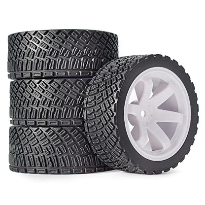 4PCS 65mm RC Rally Car Rubber Tires and 6-Spokes Wheel Rims 12mm Hex Compatible with 1/10 RC On-Road Rally Racing Car HSP Tamiya Sakura HPI WR8 HSP TT02 WLtoys (White) - color: White