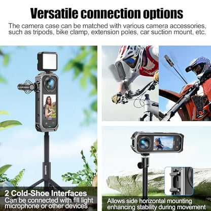 Camera Case Cage with Silicone Lens Cover for Insta360 X5 | Aluminum Alloy Protective Case with 1/4" Threads, Utility Frame Built-in 2 Cold Shoe for Microphone and Led Video Light