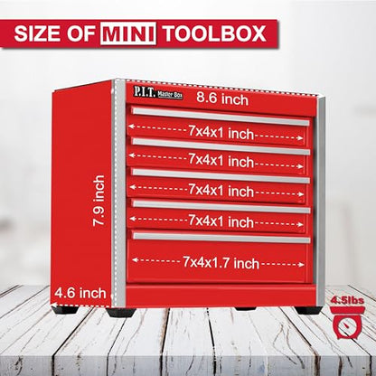 P.I.T. Mini Tool Box,Small Metal Toolbox Organizer with 5 Drawers,Red | 8.6"W X 4.6"D Cute Size,Q235 Steel,Magnetic Locking Mechanism,PVC Drawer Liners - color: Red, size: 5-Drawer