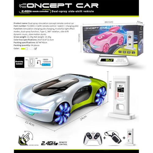 2.4G Gesture Sensing RC Stunt Car, LED Drift Racing Car with Spray Boost, USB Charging Station & Music Effects – 360° Flip Toy Gift (Handle+Watch RC Version) - color: Gradient Green