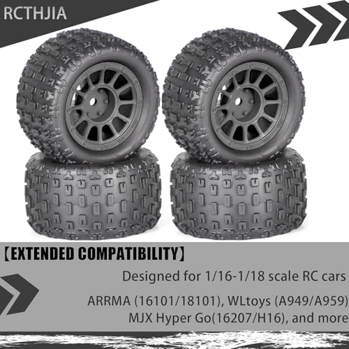4Pcs Monster Truck Tires 1/16 1/18 Scale 74mm Pre-glued Foam Insert Tires for ARRMA Granite 1/18 Granite/Typhon, WLtoys A949, MJX Hyper Go H16, High-Grip Ready-to-Run - color: Black