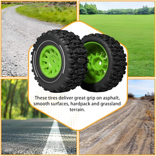 Pre-glued 64mm Wheels &Tires with 12mm Hex for 1/14 Truck, Green | Rubber Tire and Nylon Rim for ARRMA Mojave GROM, HPI, Traxxas Slash, Tamiya, Toyota, WLtoy 1/14 1/16 1/18 RC On/Off-Road Car - color: Green