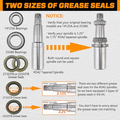 4Sets 25580 14125A Trailer Hub Bearings Kit for 7000 lb D42 Axle | with 21333TB/10-10 22333TB/10-36 Grease Seals, 2.72'' Dust Caps, Cotter Pins, Castle Nuts & Washers, for #42 Tapered Spindle - size: 4Set 25580 14125A Bearing Kit
