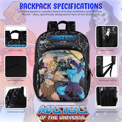 AI ACCESSORY INNOVATIONS Masters of the Universe Castle Grayskull Backpack for Kids, 16 Inch Bookbag featuring He-Man & Skeletor, Black - color: He Man