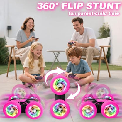 Remote Control Car, RC Cars for Girls, 2.4 GHz Double Sided RC Crawler with Upgraded USB-C Modular Battery, 360°Rotating Car Toys for 6 7 8 9 10 11 12 Year Old Girl Birthday Gift Rose - color: Rose