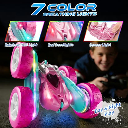 RC Car Pink 4WD Remote Control Car 360° Flip Double‑Sided LED Light Bar & Quick‑Swap USB‑C Modular Battery, 2.4 GHz No‑Interference Popular Outdoor Beach Toy, Popular Gift for Girls Ages 6‑12 - color: Pink