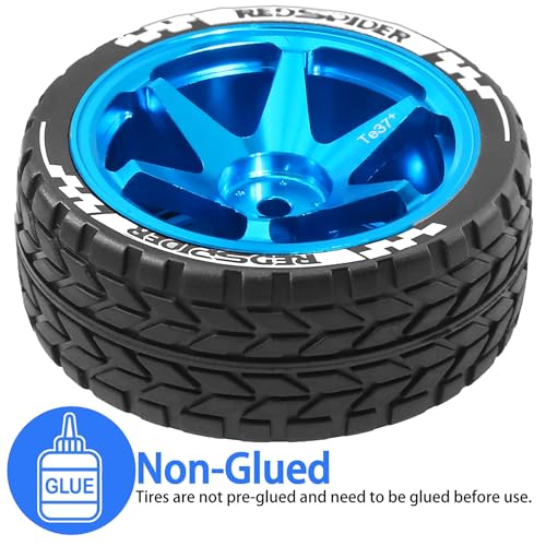 1/10 RC On Road Tires OD 2.55'' and Aluminium Street Wheels 4PCS 12mm Hex Touring Tyres for 1:10 Rally Racing Drift Car Tamiya TT01 TT02 XV01 HPI KYOSHO HSP PTG2 Traxxas TA06 A959 (Blue) - color: Blue