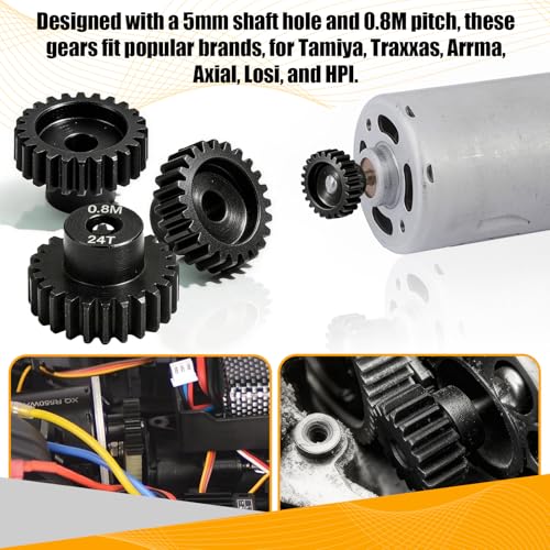 3-Pack Steel Metal 0.8M 5mm Pinion Motor Gear Sets 24T Compatible with HPI Kyosho Losi Axial Tamiya 1/8 1/10 RC Car Monster Truck Buggy, 0.8 Module Gear for Traxxsa Arrma - style: 3Pcs 24T