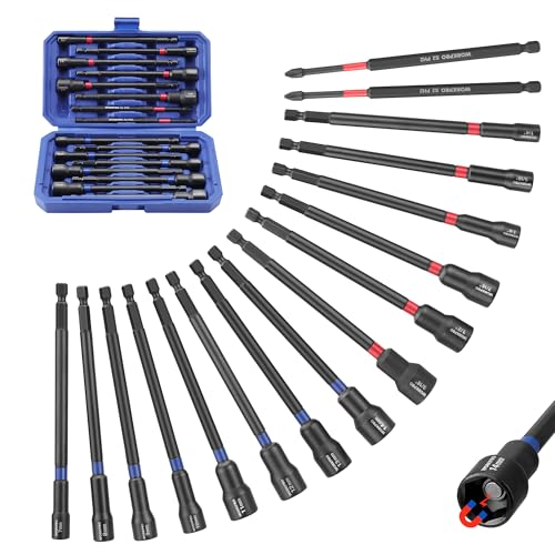 WORKPRO 16 PCS Magnetic Nut Driver Set, 6" Long Nut Drivers & Power Bits | Metric & SAE Nut Drivers for Impact Drill, Long Shank Nut Driver Bits, 1/4"Hex Shank, PH2, with Sturdy Tool Box - size: 16PCS Magnetic Long Nut Driver Set