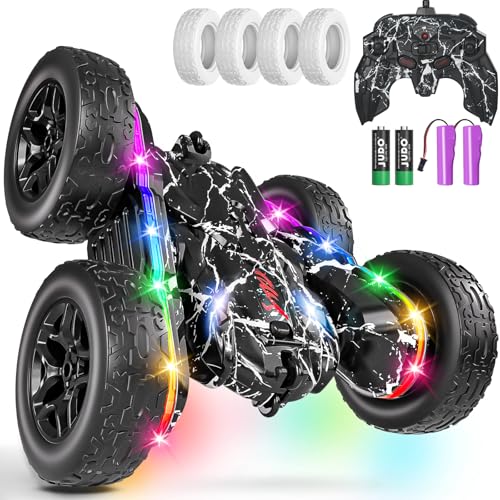Rc Cars Toys for Boys Remote Control Car 2.4 GHz Black Toys for Ages 5-7 Kids Toys New Upgraded Strip Lights 360° Rotating Rc Truck Birthday (Black) - color: Black