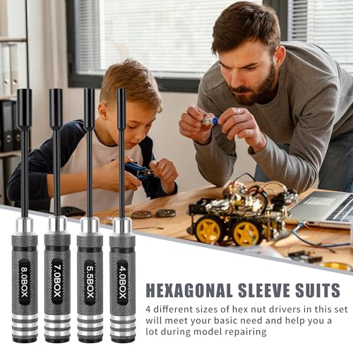 4pcs Premium RC Hex Nut Drivers Socket Set (4.0/5.5/7.0/8.0) mm | Durable Steel Hex Nut Socket Screwdrivers for Quick Precise RC Tool Kit with Replaceable Tips for RC Hobby Car Truck Airplane
