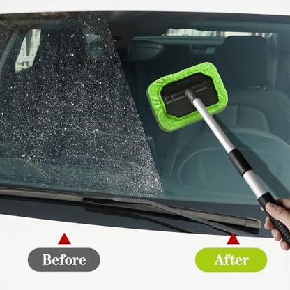 Windshield Cleaning Tool, Car Cleaning Window Tool, Car Window Cleaner with Unbreakable Extendable Handle and Microfiber Cloth, Scratch-Free Car Cleaning Brush for Auto Glass Wiper (Green) - color: Green