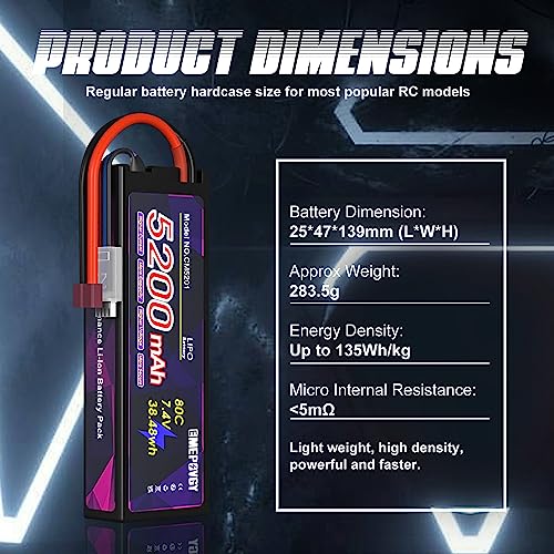 7.4V Lipo Battery 2S 5200mAh 80C Lipos Hard Case with T Connector for RC Car Trucks 1/8 1/10 RC Vehicles(2 Packs) - color: T