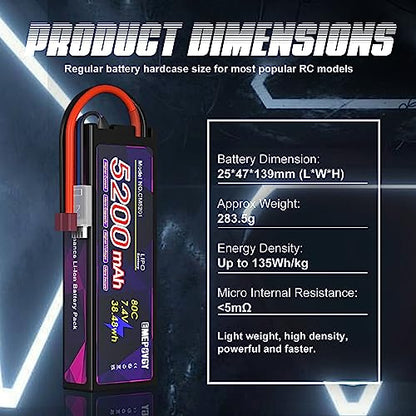 7.4V Lipo Battery 2S 5200mAh 80C Lipos Hard Case with T Connector for RC Car Trucks 1/8 1/10 RC Vehicles(2 Packs) - color: T