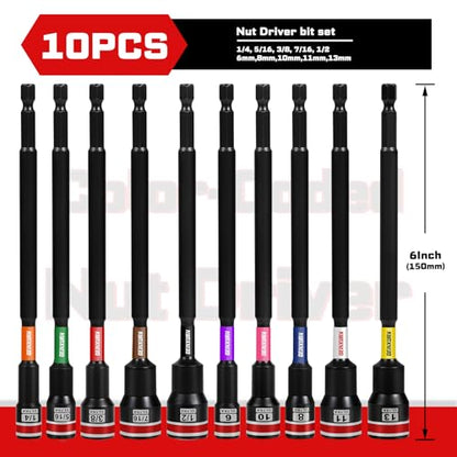 Geinxurn Impact Nut Driver Set, 10 Pieces 6”Long 6mm,8mm,10mm,11mm,13mm 1/4”5/16”3/8”7/16”1/2”6 Point Alloy Steel Magnetic Metric/SAE Nut Setter Set 1/4 Hex Shank Impact Driver with Case Box - size: 6", style: MIXSM-10pcs