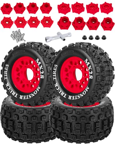 RC Wheels and Tires for 1/10 RC Scale Car,Rustler Stampede Hoss,Granite Vorteks Big Rock 3S,MX28 2.8" Truck Tires and Wheels w/ 12mm/14mm Hex,4pcs,Red - color: Red(4pcs)