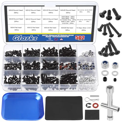 Glarks 502Pcs Universal RC Screw Kit Screws Assortment Hex Socket Head Screws and Tools Set Hardware Fasteners compatible with Traxxas Axial Redcat HPI Arrma Losi 1/8 1/10 1/12 1/16 Scale RC Car Truck