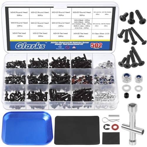 Glarks 502Pcs Universal RC Screw Kit Screws Assortment Hex Socket Head Screws and Tools Set Hardware Fasteners compatible with Traxxas Axial Redcat HPI Arrma Losi 1/8 1/10 1/12 1/16 Scale RC Car Truck
