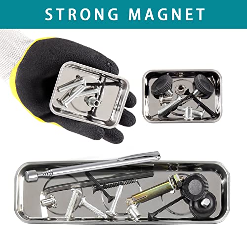 3 Pieces Magnetic Trays with 5LBs Telescoping Magnetic Pick-up Tool Set, 8.9" and 2 Pieces 3.7" Rectangle Stainless Steel Magnet Parts Tray for Screws, Mechanic's - size: 8.9", 2 x 3.7"+5LB Pickup