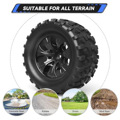 Pre-Glued 2.8 Tires 1/10 Scale RC Truck Wheels and Tires 12mm Hex for Traxxas Rustler Stampede 4x4 & 2WD Slash Hoss 4WD Redcat Volcano Epx Pro, Set of 4