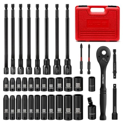1/4" Drive Socket Set & Nut Driver Set with Ratchet 38Pcs SAE 5/32" | 1/4" Sockets Deep&Shallow SAE 5/32" to 9/16" with Ratchet, Hex Shank 6" Long Nut Drivers(1/4"-9/16") for Drill Bits(PH1 PH2) - size: 38PCS SAE