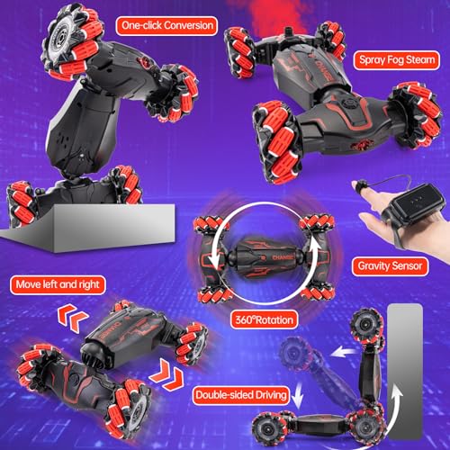 Gesture Sensing RC Stunt Car, 360° Off-Road,Gift for 5-13 Kids | Dual gesture & remote control, 4WD 360° rotating drift RC car with cool lights & music, ideal birthday gift for 5-13 boys - color: L-red