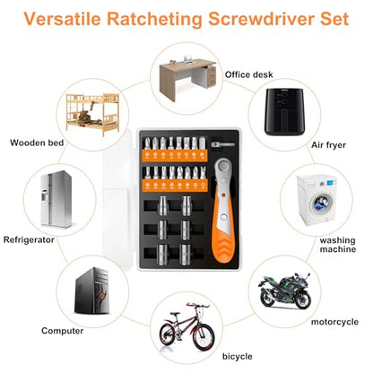 Right Angle Screwdriver 24 in 1 Ratchet Screwdriver Set | Cr-V Steel, Mini Ratchet Wrench for Tight Spaces, Ideal for Bike Repair & DIY Projects - style: 24pcs Ratchet Screwdriver